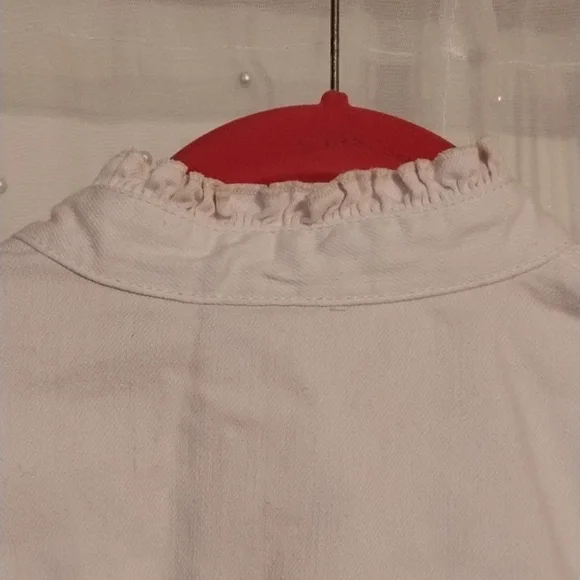 Chico's Woman's Pale Pink Ruffled Sleeves Jean Jacket, Size: 0 - Picture 4 of 9